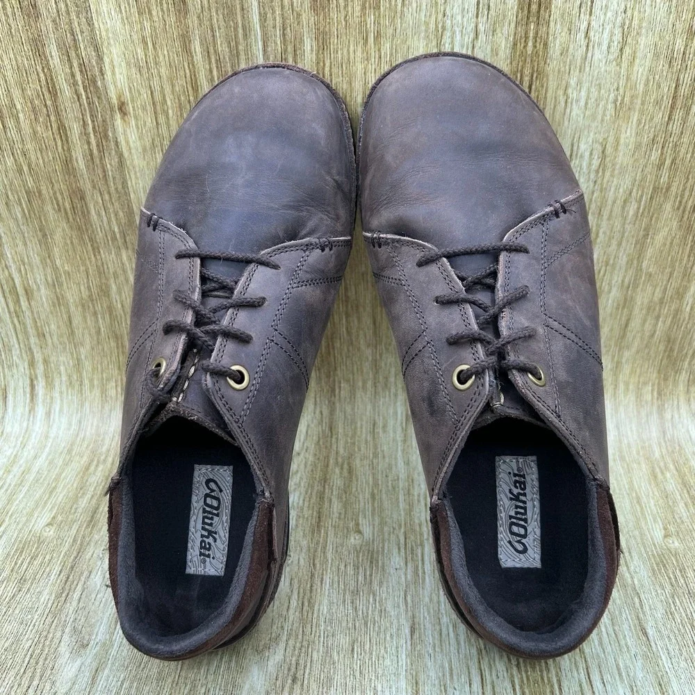 OluKai Hano Oxford Men's Size 10 Dark Brown Leather Lace Up Drop-In Heel Casual‎